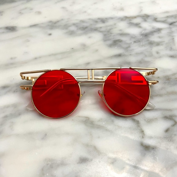 NWOT Gold Frame Round Red Lens Sunglasses 😎 - Picture 1 of 5